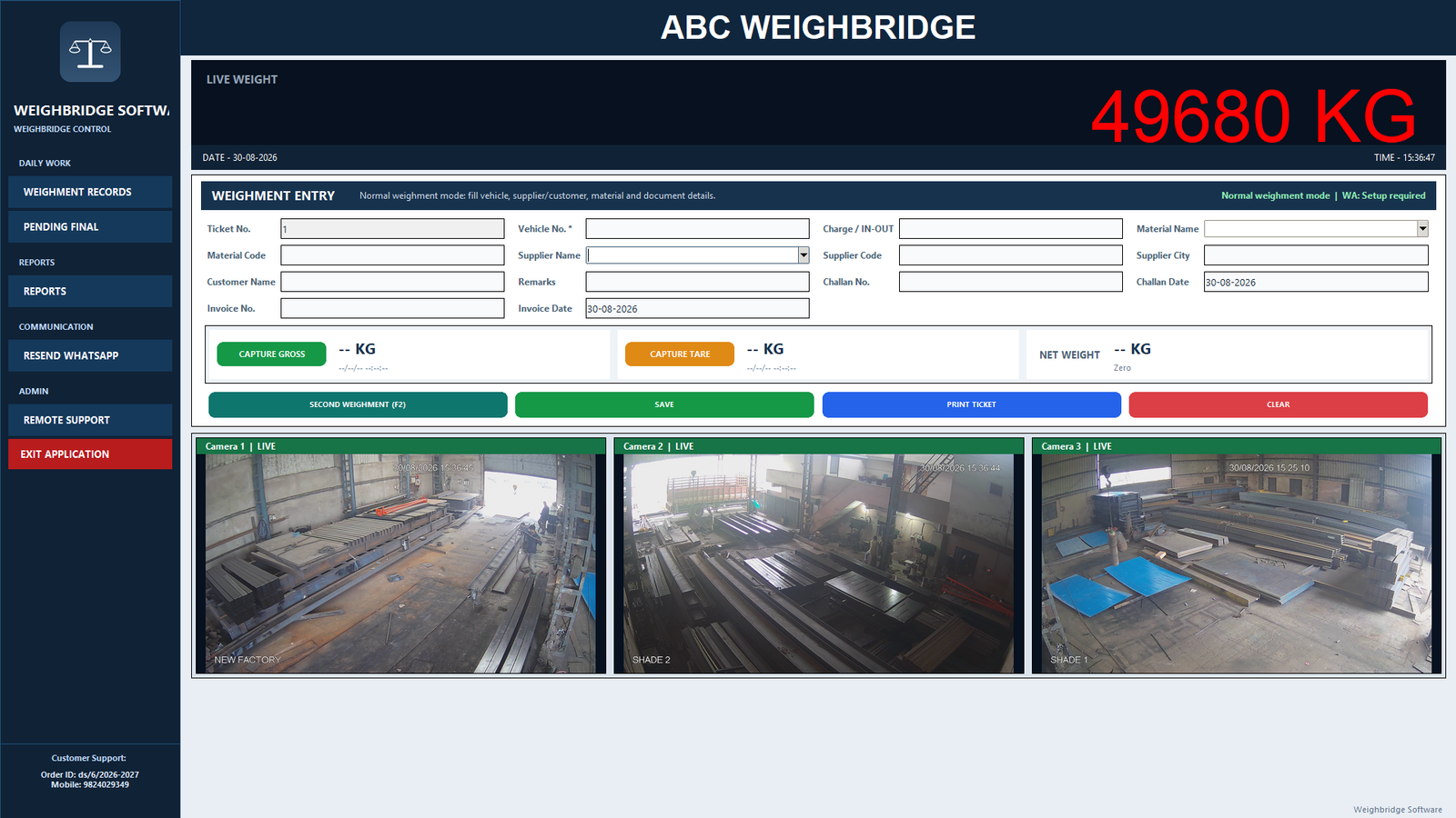 Weighbridge software operator interface with live weight, weighment fields, gross tare net controls and camera views